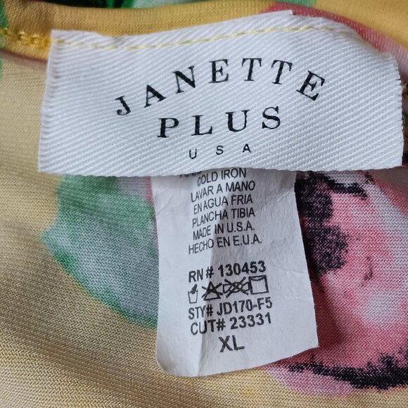 Janette Plus USA XL Dress Yellow Pink Floral Stretch Faux Wrap Midi Ruffle - Picture 7 of 8